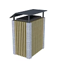 Public Trash Bin With Wooden Slats Gray Frame And Black Lid Outdoor Facility