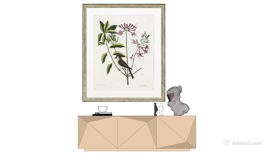 Botanical Painting with Flowers and Leaves in Gold Frame on Geometric Cabinet with Dog Figurine 3d model 