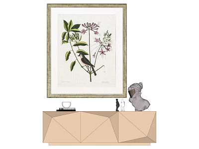 Botanical Painting with Flowers and Leaves in Gold Frame on Geometric Cabinet with Dog Figurine 3d model