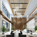 Modern Spacious Hotel Lobby With Wooden Ceiling Chandelier Sofa Seating And Green Plants