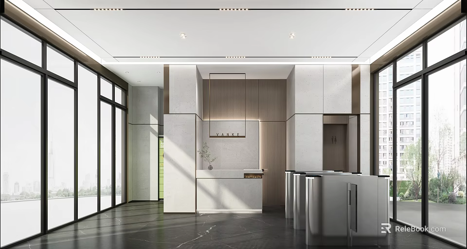 Modern Hotel Lobby Interior With Large Windows Reception Desk And Pendant Lights 3d model 
