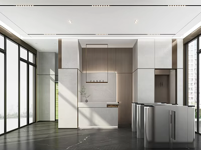 Modern Hotel Lobby Interior With Large Windows Reception Desk And Pendant Lights 3d model