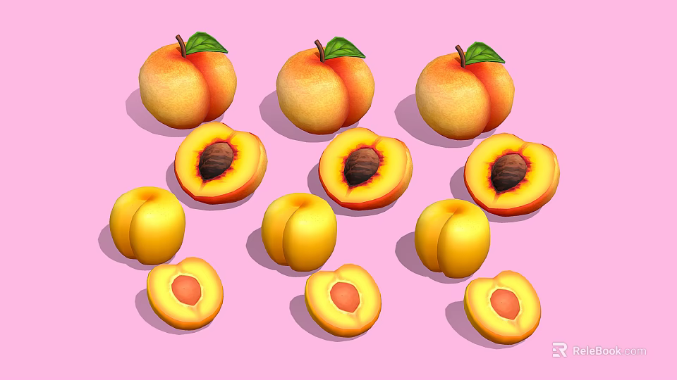 Fresh Juicy Peaches Whole And Halved With Green Leaves On Pink Background 3d model 