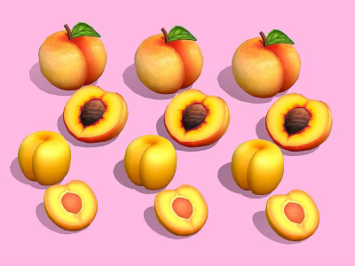 Fresh Juicy Peaches Whole And Halved With Green Leaves On Pink Background 3d model