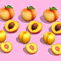 Fresh Juicy Peaches Whole And Halved With Green Leaves On Pink Background