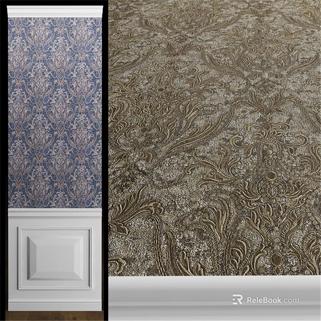 Ornate Wall Decorative Components With Blue Gold Beige Intricate Floral Patterns And White Trim 3d model 