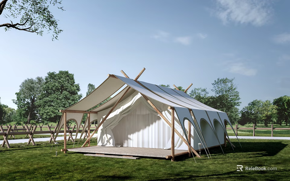Outdoor White Canvas Tent With Wooden Poles On Green Grass Field And Wooden Deck 3d model 