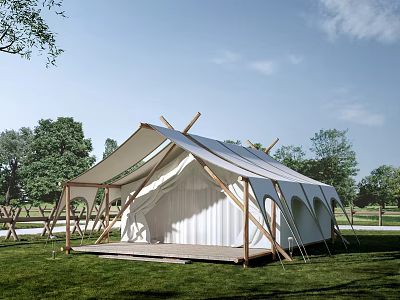 Outdoor White Canvas Tent With Wooden Poles On Green Grass Field And Wooden Deck 3d model