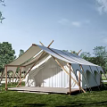 Outdoor White Canvas Tent With Wooden Poles On Green Grass Field And Wooden Deck