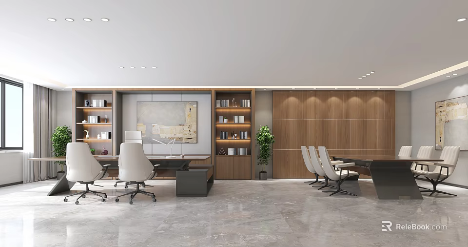 Modern Office Interior Design With Wooden Bookshelves Desk Chairs Green Plant And Wall Art 3d model 