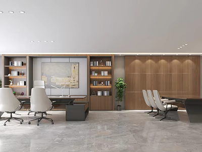 Modern Office Interior Design With Wooden Bookshelves Desk Chairs Green Plant And Wall Art 3d model