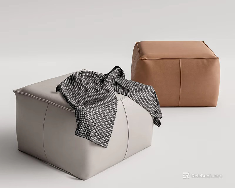 Modern Ottoman Light Gray and Brown Upholstered with Stitched Details and Checkered Blanket on Top 3d model 