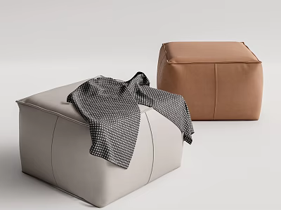 Modern Ottoman Light Gray and Brown Upholstered with Stitched Details and Checkered Blanket on Top 3d model