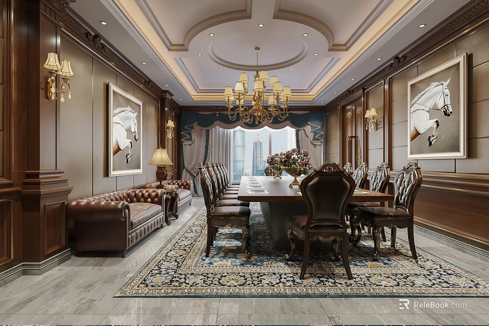 Elegant Conference Room With Dark Wooden Walls Chandelier Long Dining Table Leather Sofa Patterned Rug 3d model 