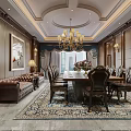 Elegant Conference Room With Dark Wooden Walls Chandelier Long Dining Table Leather Sofa Patterned Rug