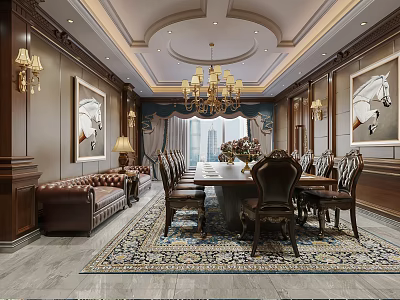 Elegant Conference Room With Dark Wooden Walls Chandelier Long Dining Table Leather Sofa Patterned Rug 3d model