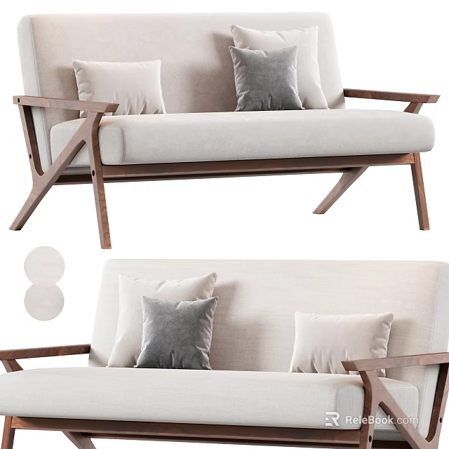 Modern Multi Seater Sofa With Wooden Armrests Light Colored Fabric And Gray Beige Pillows 3d model 