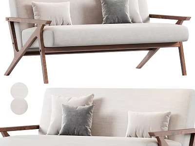 Modern Multi Seater Sofa With Wooden Armrests Light Colored Fabric And Gray Beige Pillows 3d model