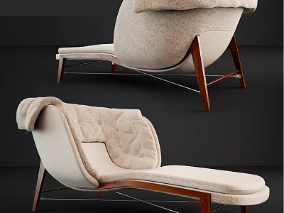 Modern Beige Fabric Lounge Chair With Curved Backrest And Wooden Legs 3d model