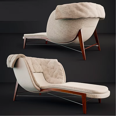 Modern Beige Fabric Lounge Chair With Curved Backrest And Wooden Legs 3d model
