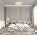 Modern Bedroom With Large Bed Wardrobe Nightstand Ceiling Lamp Rug And Vertical Stripe Wall
