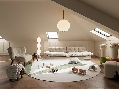 Cozy Loft Playroom With Light Sofa Unique Lights Round Rug Toys And Llama Decor 3d model