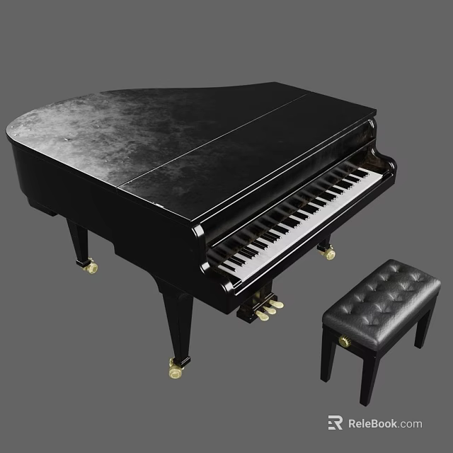 Elegant Black Grand Piano With Matching Stool For Musical Instruments And Art Supplies 3d model 