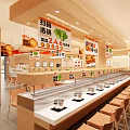 Orange Wooden Restaurant Interior With Open Counter Hanging Menu Signs Neat Dish Rack And Tables