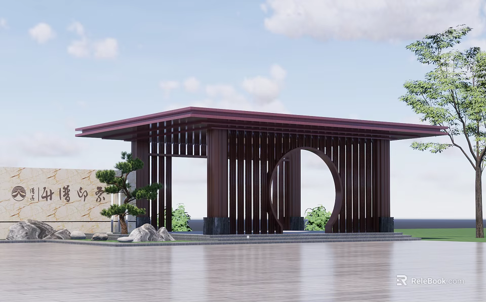 Traditional Chinese Courtyard Entrance With Wooden Structure Circular Archway Stone Tablet And Pine Tree 3d model 