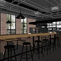 Industrial Style Café Interior Design With High Ceiling Hanging Lights Bar Stools And Large Windows