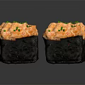 Fresh Crab Sushi Pieces With Orange Filling And Green Scallions On Black Background