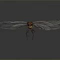 Red Dragonfly With White Wings And Yellow Eyes On Dark Background With Reflection
