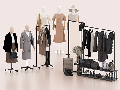 Stylish Women's Clothes Display With Mannequins Clothing Rack Bags And Shoes 3d model