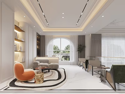 Modern Living and Dining Room Interior With Beige Sofa Orange Armchair Round Rug Arched Window And Potted Plant 3d model
