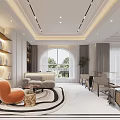 Modern Living and Dining Room Interior With Beige Sofa Orange Armchair Round Rug Arched Window And Potted Plant