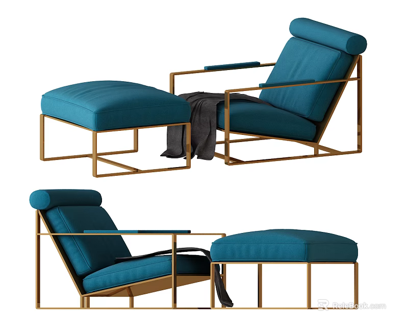 Modern Blue Single Sofa With Gold Frame Ottoman And Gray Blanket 3d model