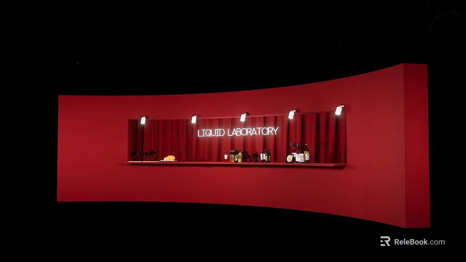 Tea Break Area Featuring Liquid Laboratory Sign Red Wall Counter And Bottles 3d model 