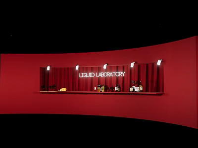 Tea Break Area Featuring Liquid Laboratory Sign Red Wall Counter And Bottles 3d model