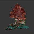 Miniature Garden Scene With Red Leaf Tree Wooden Cabin Small Pond And Green Plants