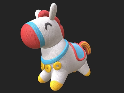 White Plush Toy Horse With Red Nose Blue Harness Yellow Hooves And Rainbow Tail 3d model