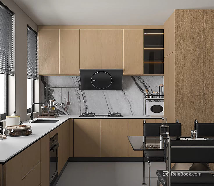 Modern Kitchen Interior With Light Wooden Cabinets Marble Countertops And Black Range Hood 3d model 