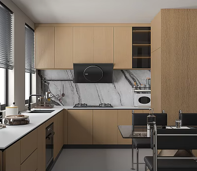 Modern Kitchen Interior With Light Wooden Cabinets Marble Countertops And Black Range Hood 3d model