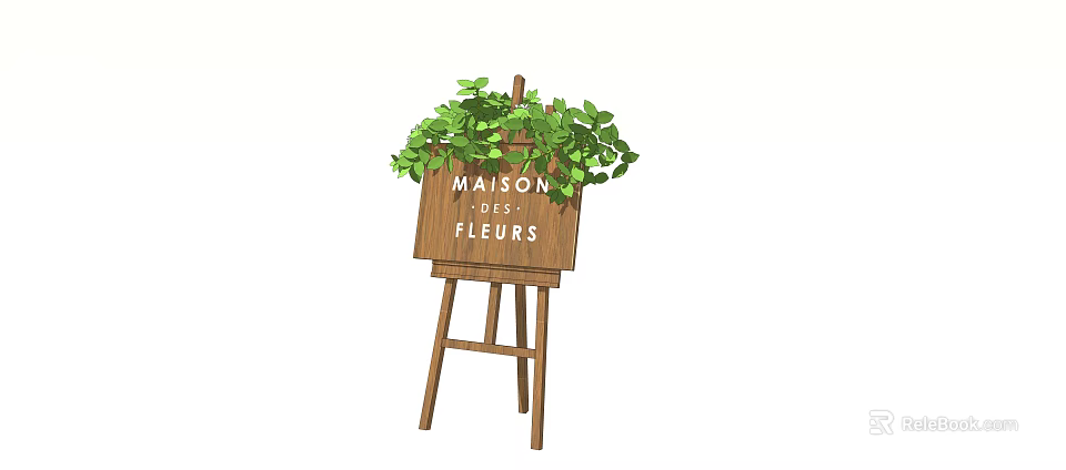 Easel Style Wooden Signboard with MAISON DE FLEURS Lettering and Green Leafy Plants 3d model 
