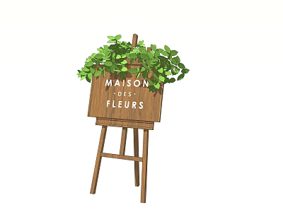 Easel Style Wooden Signboard with MAISON DE FLEURS Lettering and Green Leafy Plants 3d model