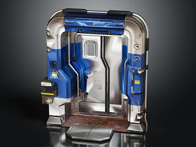 Futuristic Sci Fi Door With Blue And Silver Metallic Structure And Control Panel 3d model