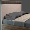 Double Bed With Wooden Frame Light Colored Headboard Gray Mattress And Pillows