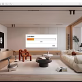 Modern Living Room Interior With Beige Sofa Orange Armchair Coffee Table And TV Plant