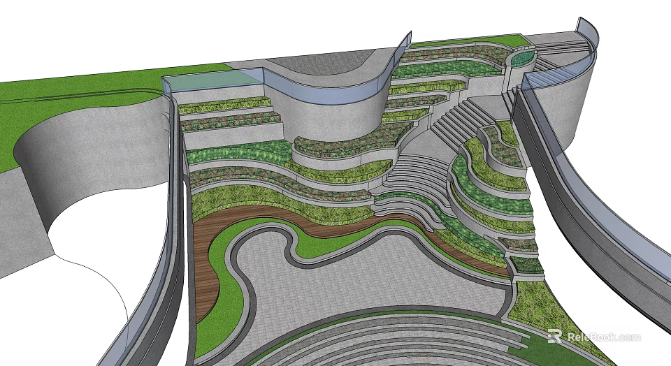 Modern Landscape Stairs Design With Layered Greenery Gray Stone And Wooden Steps 3d model 