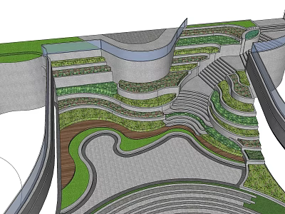 Modern Landscape Stairs Design With Layered Greenery Gray Stone And Wooden Steps 3d model