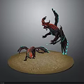 Mythical Winged Dragon Creatures Adult And Juvenile Red Black Hues Luminous Blue Accents On Sandy Base